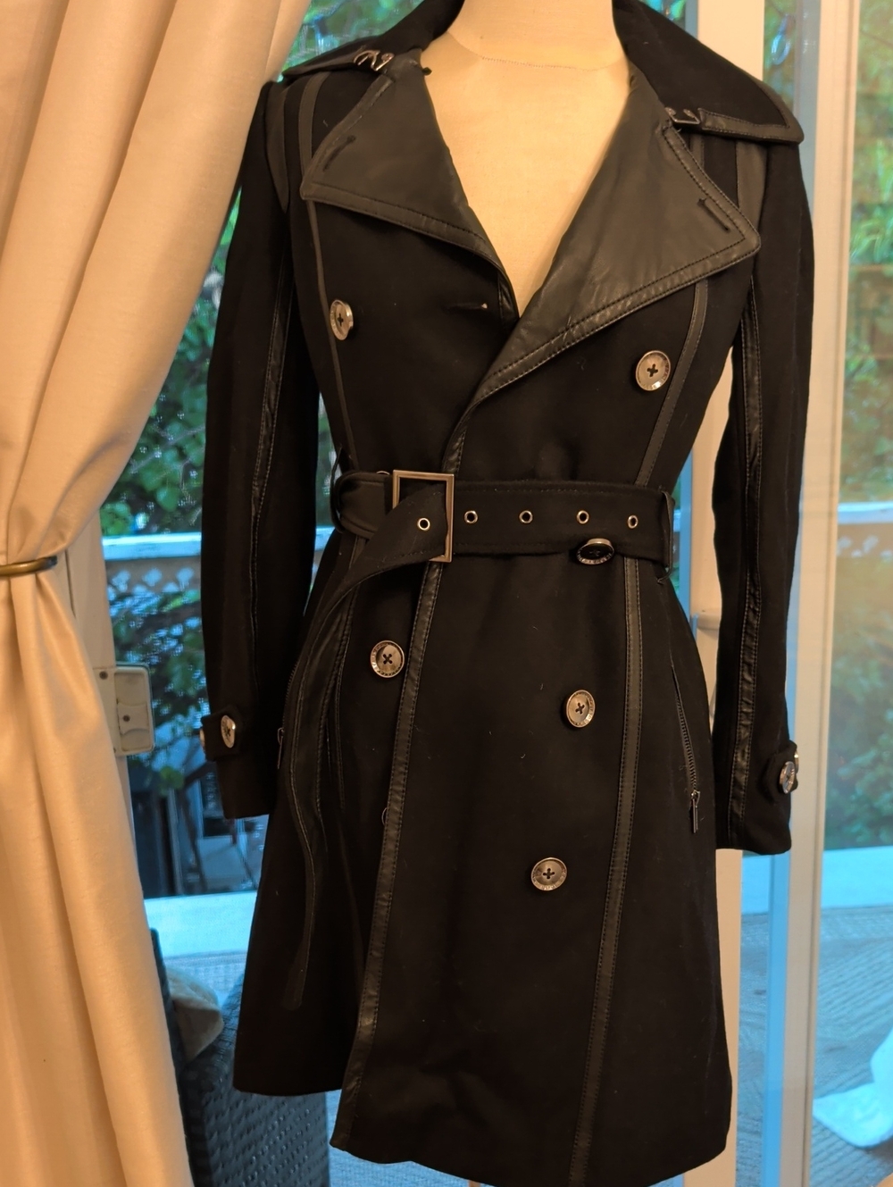 BCBGMaxAzria Black Trench Coat with Leather Trim
